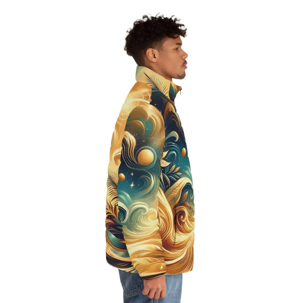 Patterned puffer jacket from Men’s Puffer Jacket Nebula Bloom Cascade by PixiOnyx Cosmic Outerwear