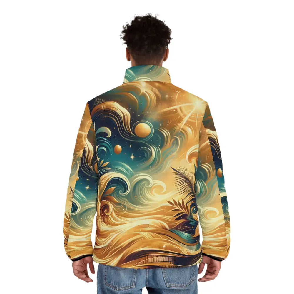 Abstract-patterned men’s puffer jacket from PixiOnyx Cosmic Outerwear named Nebula Bloom Cascade