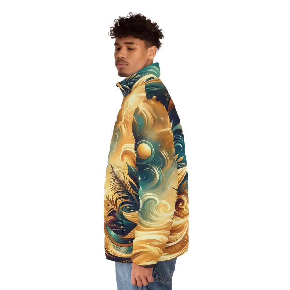 Patterned puffer jacket from Men’s Puffer Jacket Nebula Bloom Cascade PixiOnyx Cosmic Outerwear