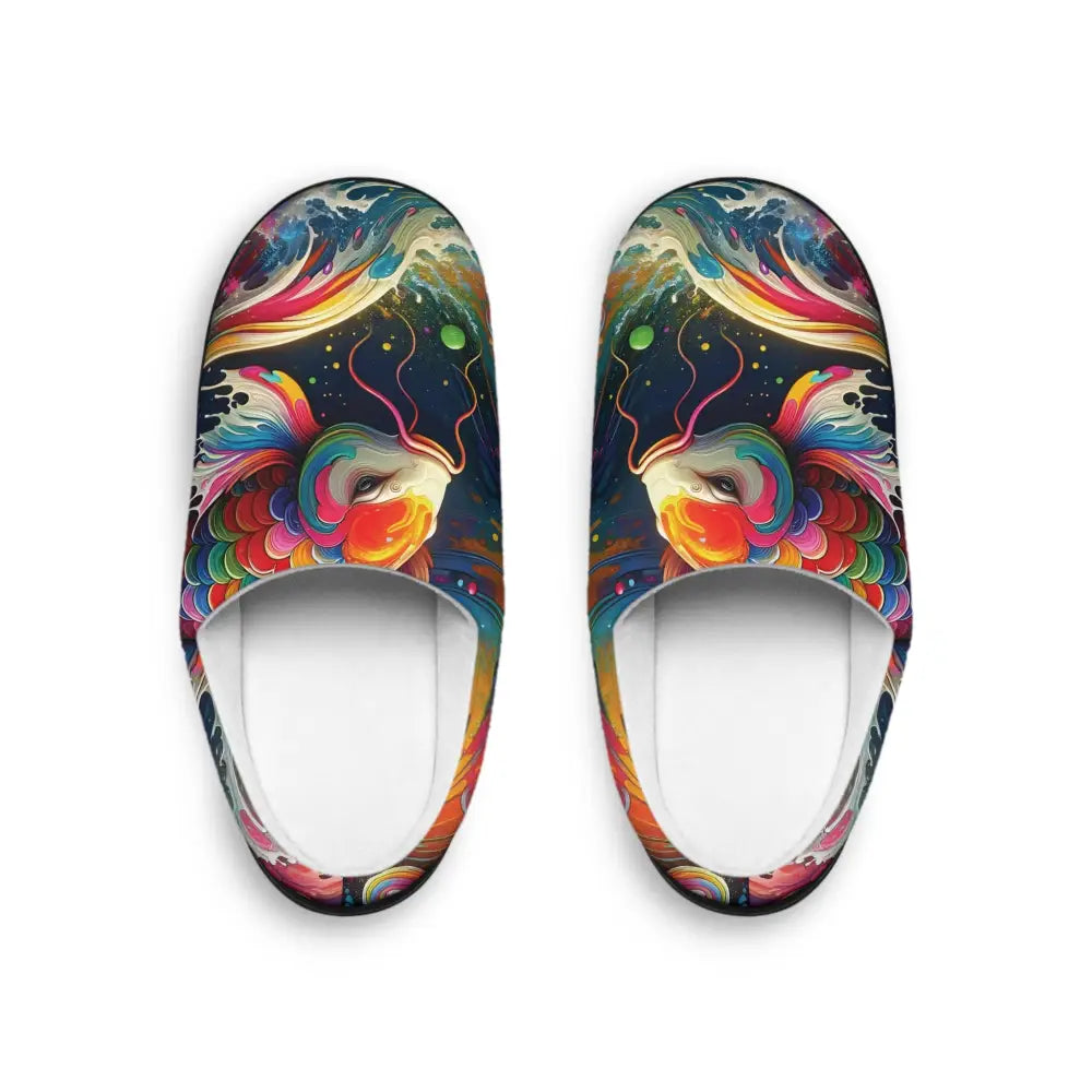 Colorful koi fish slippers for men in Rainbow Koi PixiOnyx Luxe Loungewear collection