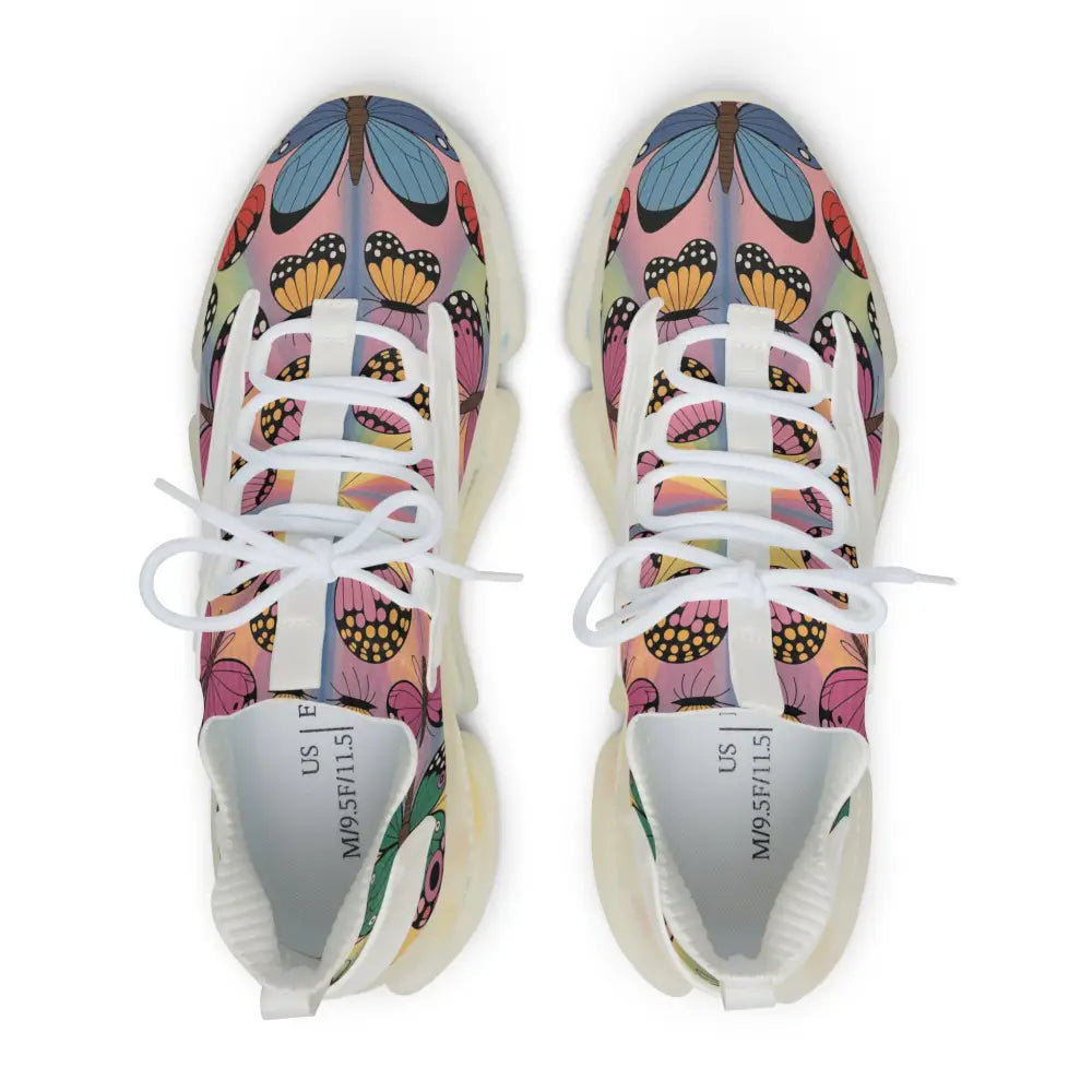 Kaleidoscope Flight sneakers with colorful butterfly pattern and white laces by PixiOnyx
