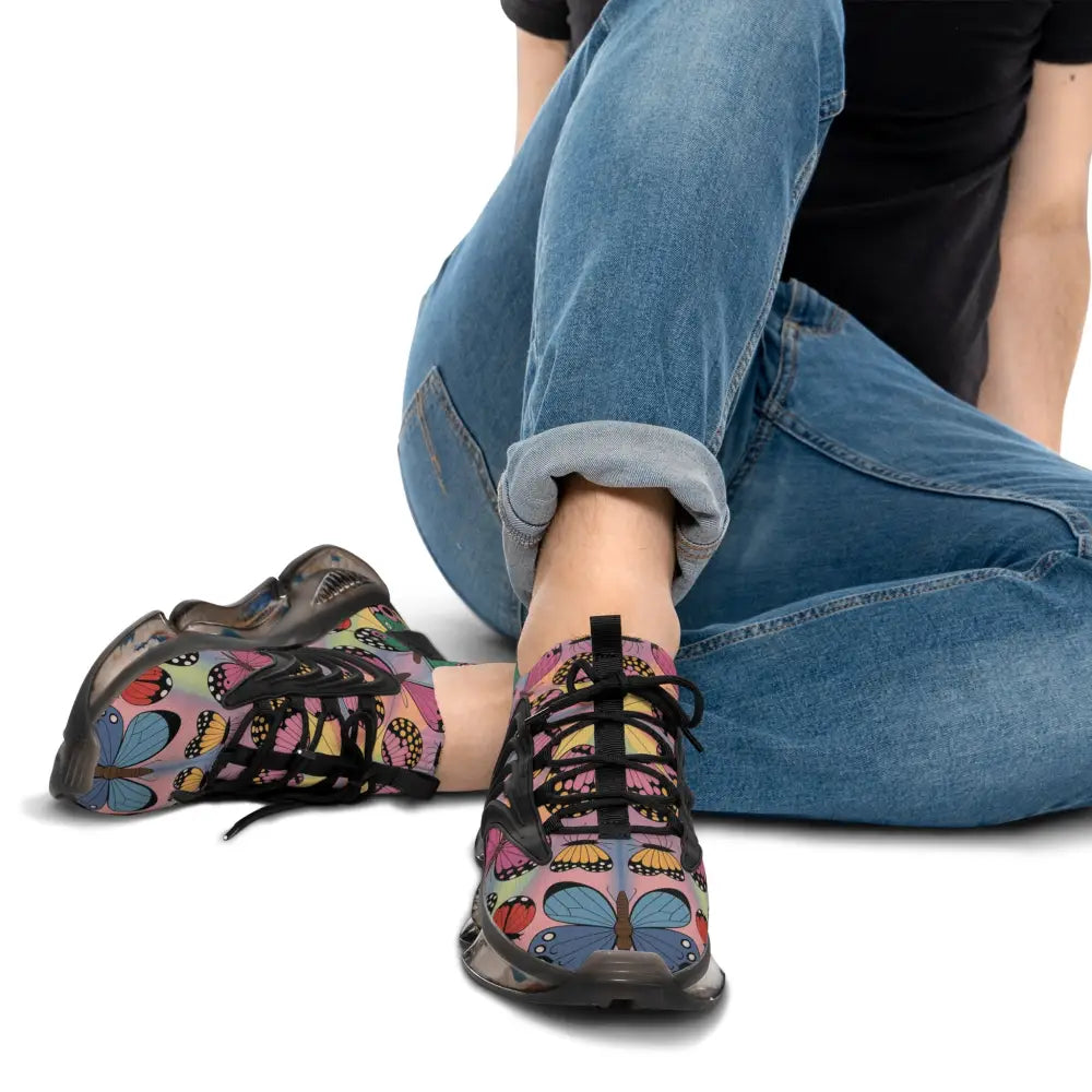 Multi-colored butterfly pattern athletic shoes with clear soles from Kaleidoscope Flight by PixiOnyx Vibrant Athletic