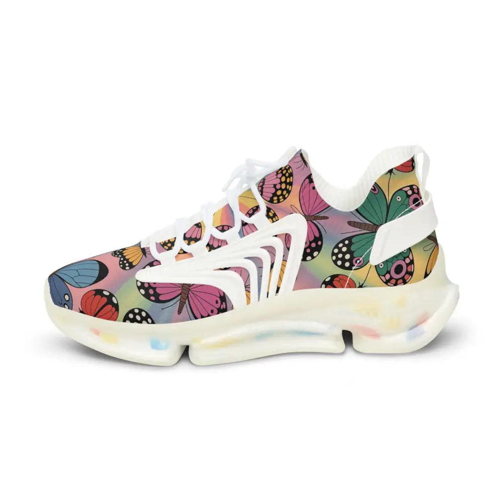 White athletic shoe with colorful butterfly pattern from Kaleidoscope Flight PixiOnyx Vibrant Athletic footwear