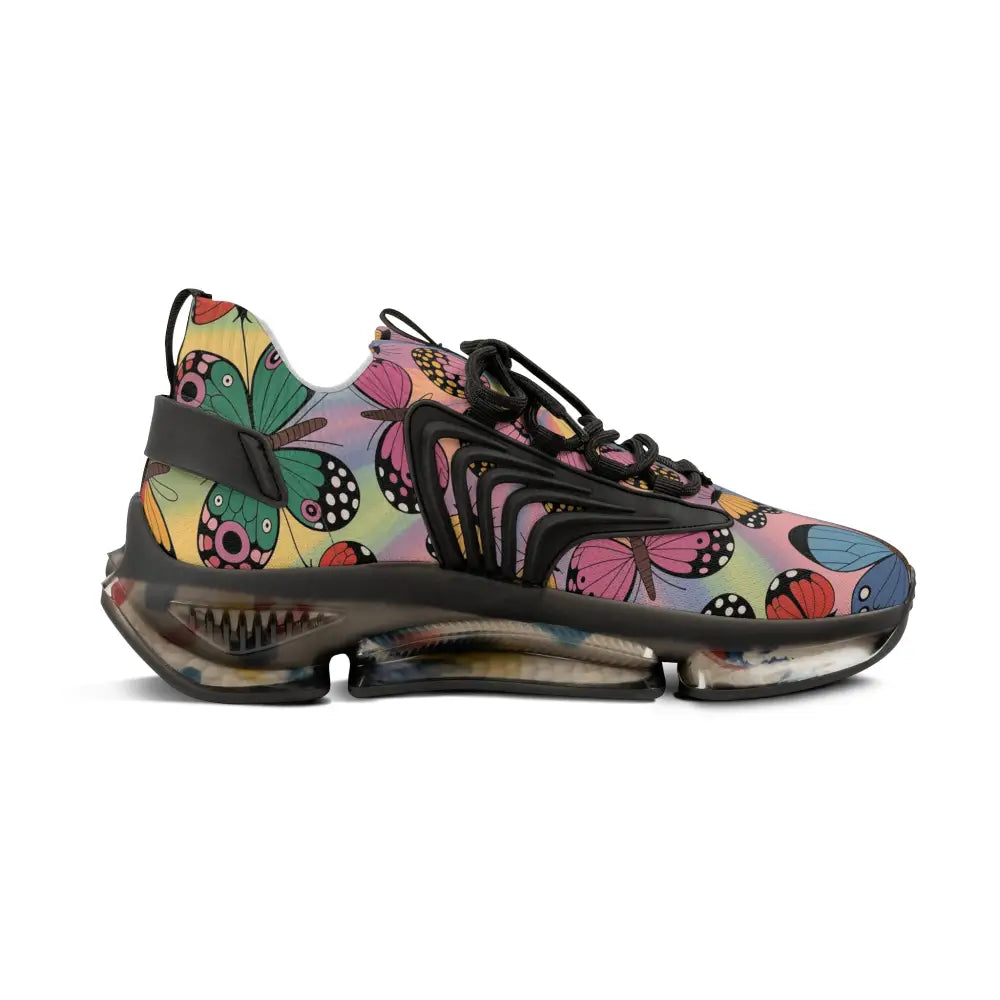 Colorful Kaleidoscope Flight sneakers with butterfly print, black accents, and clear sole