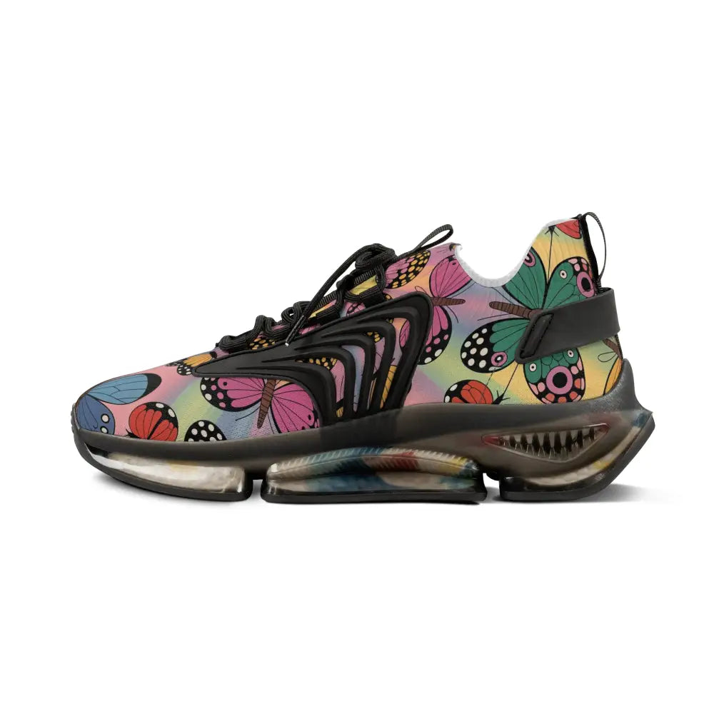 Colorful butterfly-patterned Kaleidoscope Flight sneakers with clear multi-chambered sole