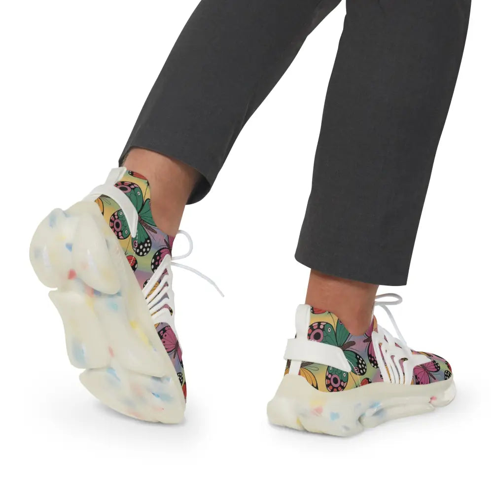 White chunky-soled sneakers with colorful butterfly pattern from Kaleidoscope Flight by PixiOnyx Vibrant Athletic