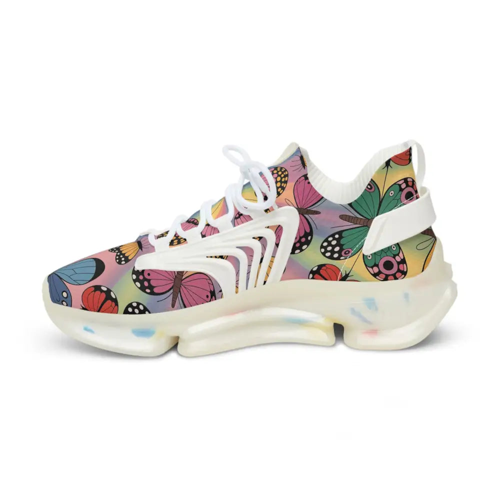 White athletic shoe with colorful butterfly pattern from Kaleidoscope Flight Sneakers by PixiOnyx Vibrant Athletic