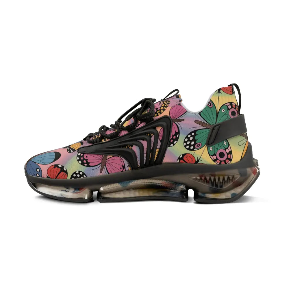 Kaleidoscope Flight sneakers with colorful butterfly pattern and transparent segmented sole