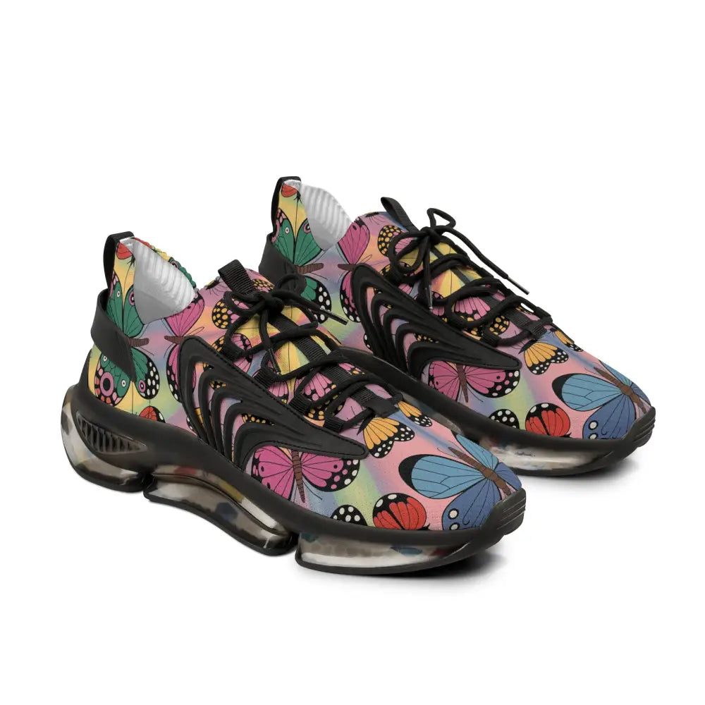 Colorful kaleidoscope flight sneakers with butterfly pattern, black laces, and clear soles
