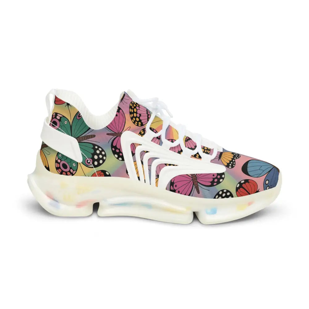 White athletic shoe with colorful butterfly print from Kaleidoscope Flight PixiOnyx Vibrant Athletic Sneakers