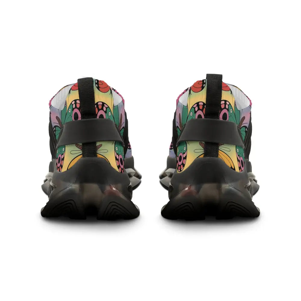 Black and multi-colored Kaleidoscope Flight sneakers with vibrant abstract pattern