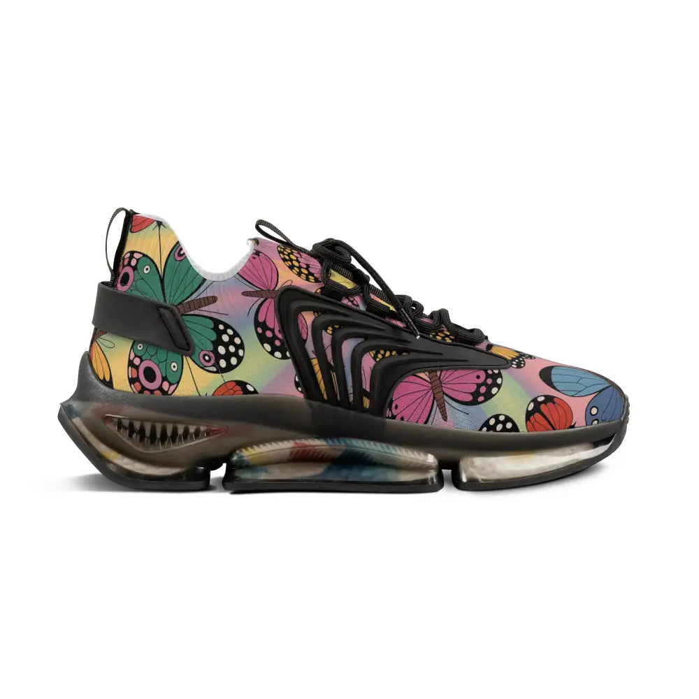 Kaleidoscope Flight sneakers with colorful butterfly pattern, black sole, and air cushioning