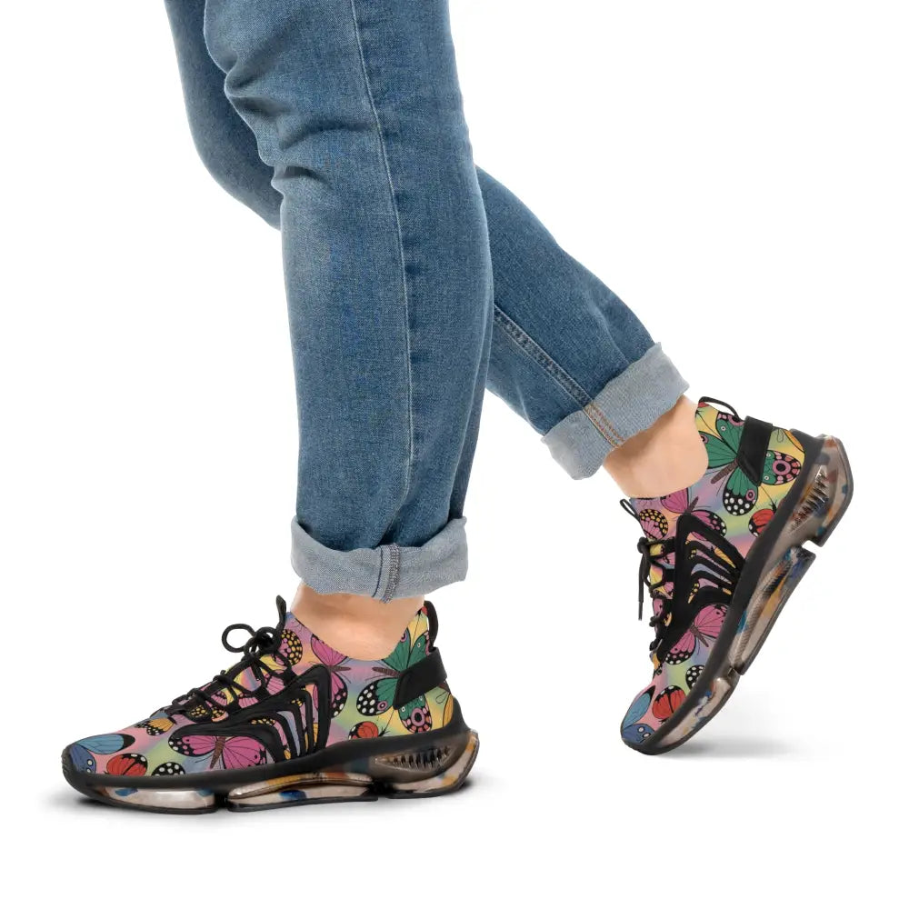Colorful butterfly-patterned kaleidoscope flight sneakers with clear soles by PixiOnyx Vibrant Athletic
