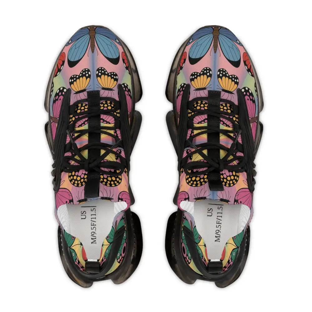 Black and multi-colored butterfly pattern Kaleidoscope Flight sneakers by PixiOnyx Vibrant Athletic