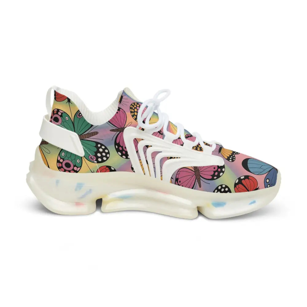 Kaleidoscope Flight sneakers with vibrant butterfly pattern and clear chunky sole