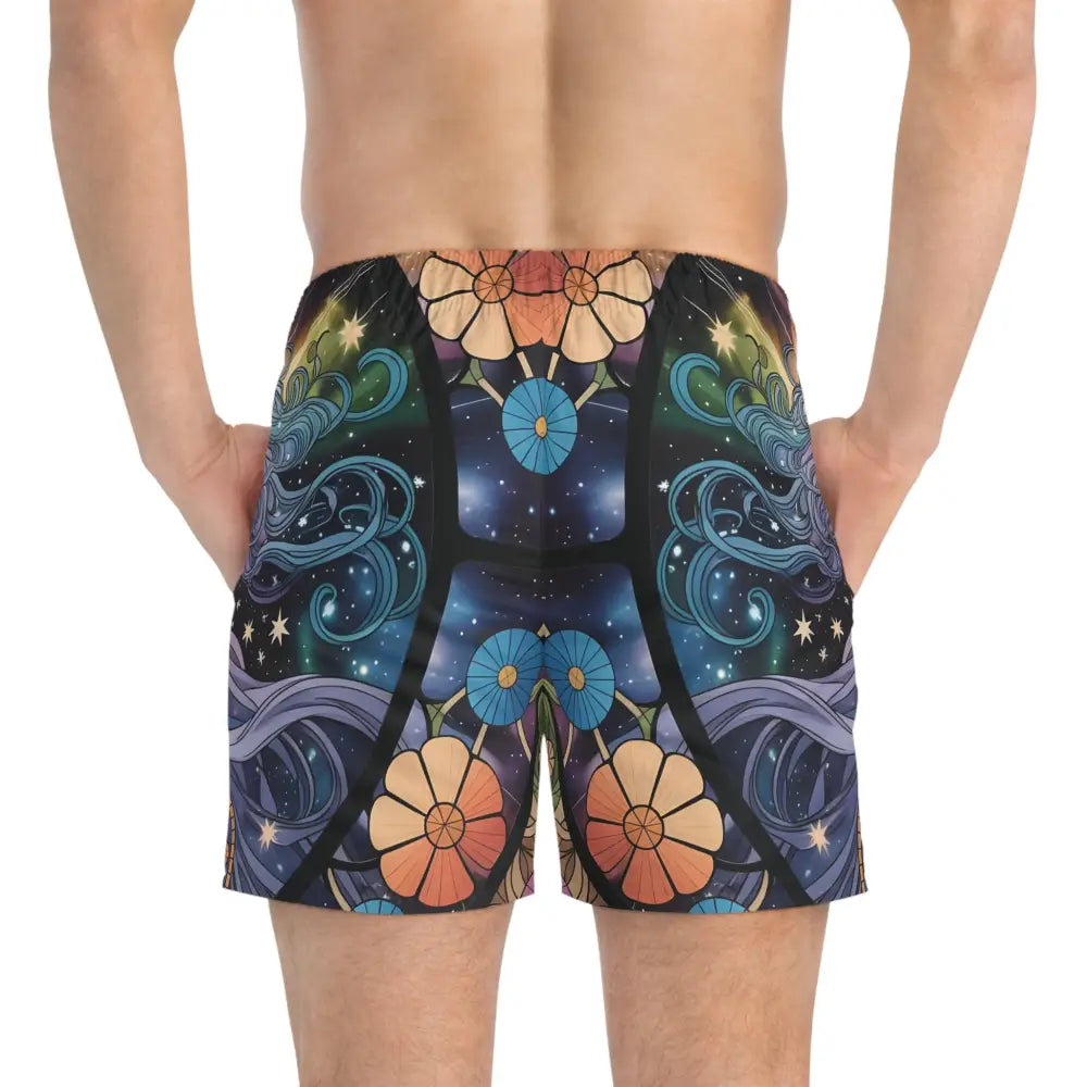 Patterned men’s swim trunks with celestial bloom design from Mystical Art Swimwear by PixiOnyx