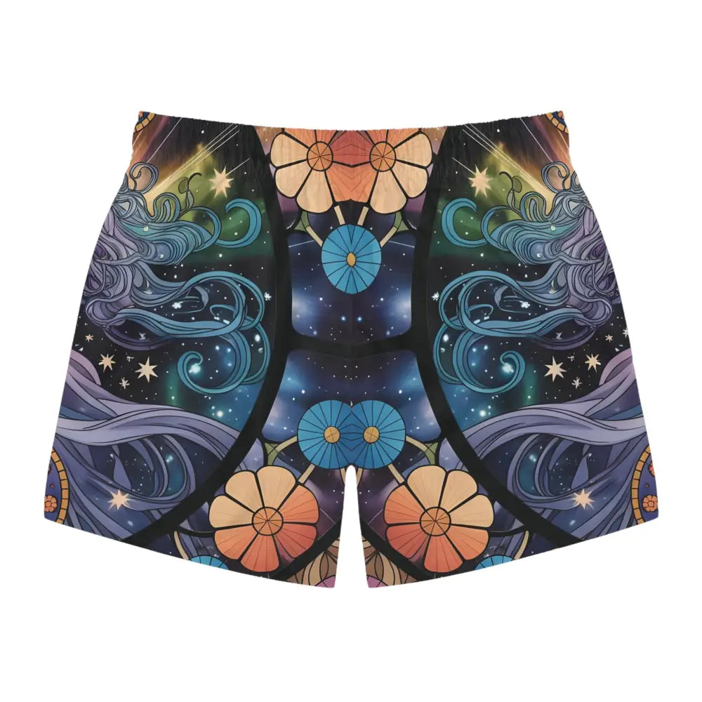 Cosmic-themed men’s swim trunks with celestial pattern in Mystical Art Swimwear by PixiOnyx