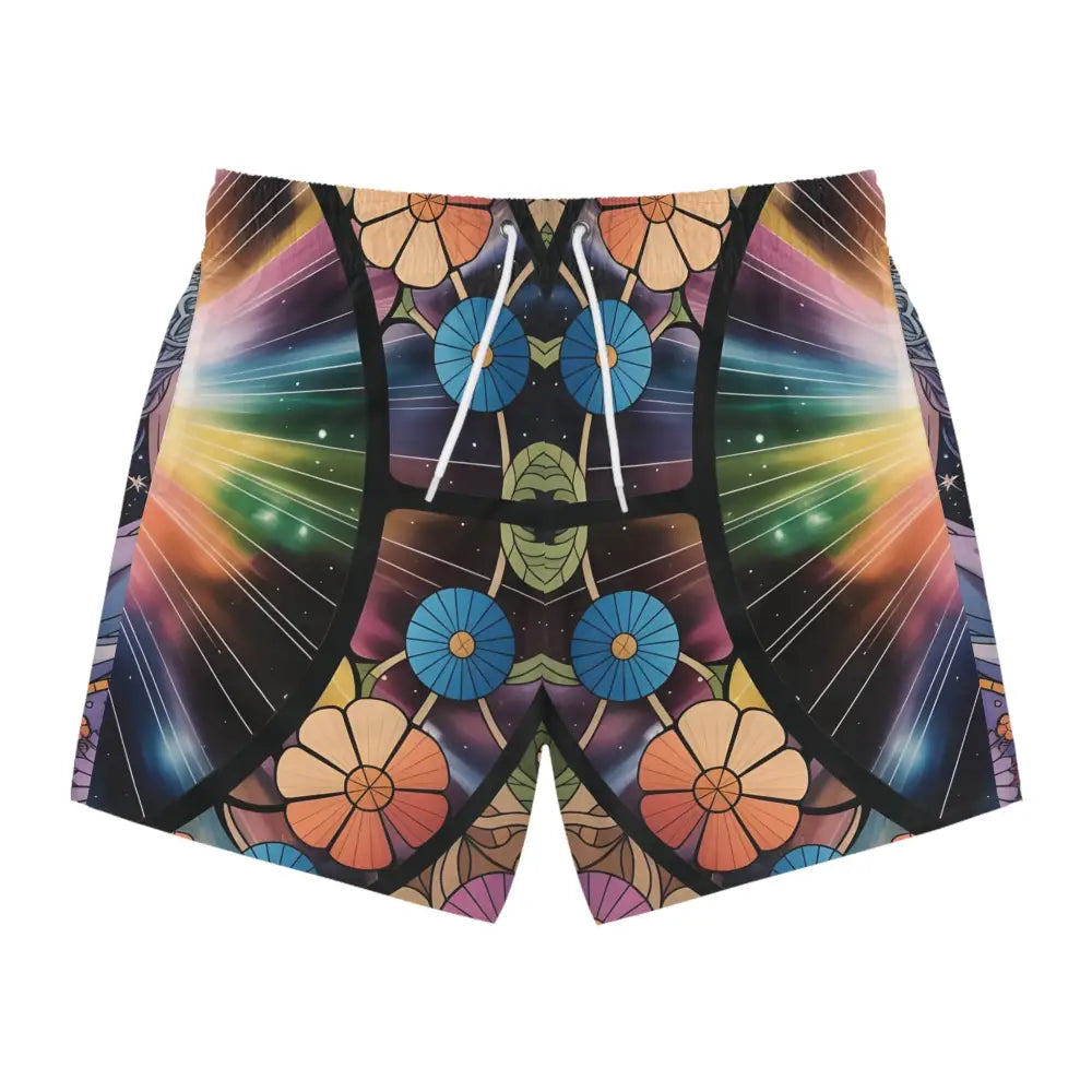 Patterned men’s swim trunks with celestial floral design from PixiOnyx Mystical Art Swimwear
