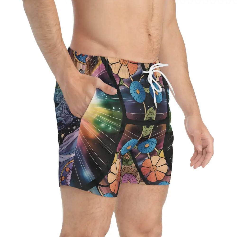 Men’s floral and galaxy print swim trunks from Mystical Art Swimwear by PixiOnyx