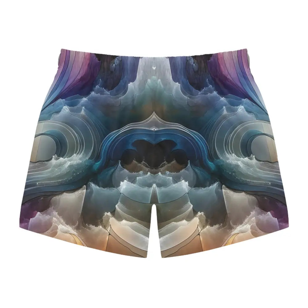 Abstract patterned men’s swim trunks in vibrant Celestial Layer Flux design