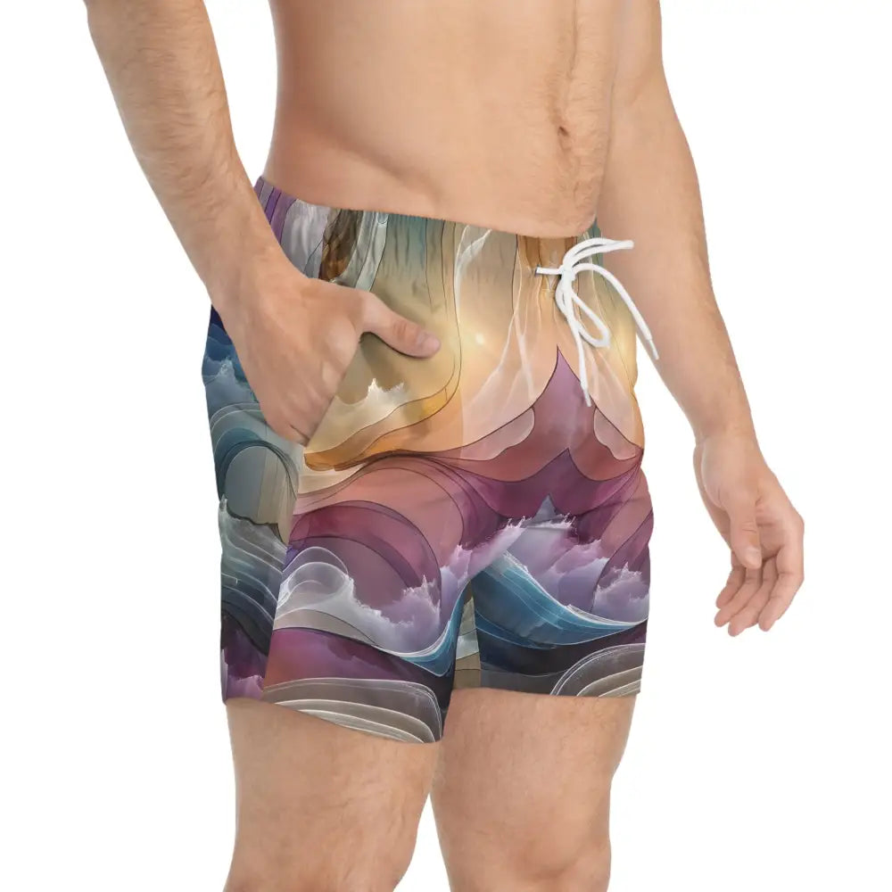 Abstract patterned men’s swim trunks from PixiOnyx Surreal Swimwear Celestial Layer Flux