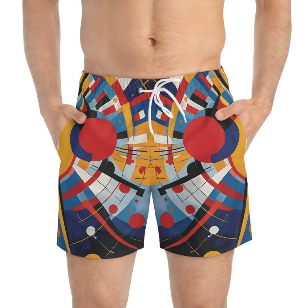 Abstract patterned men’s swim trunks from PixiOnyx Orbital Edition titled Celestial Motion