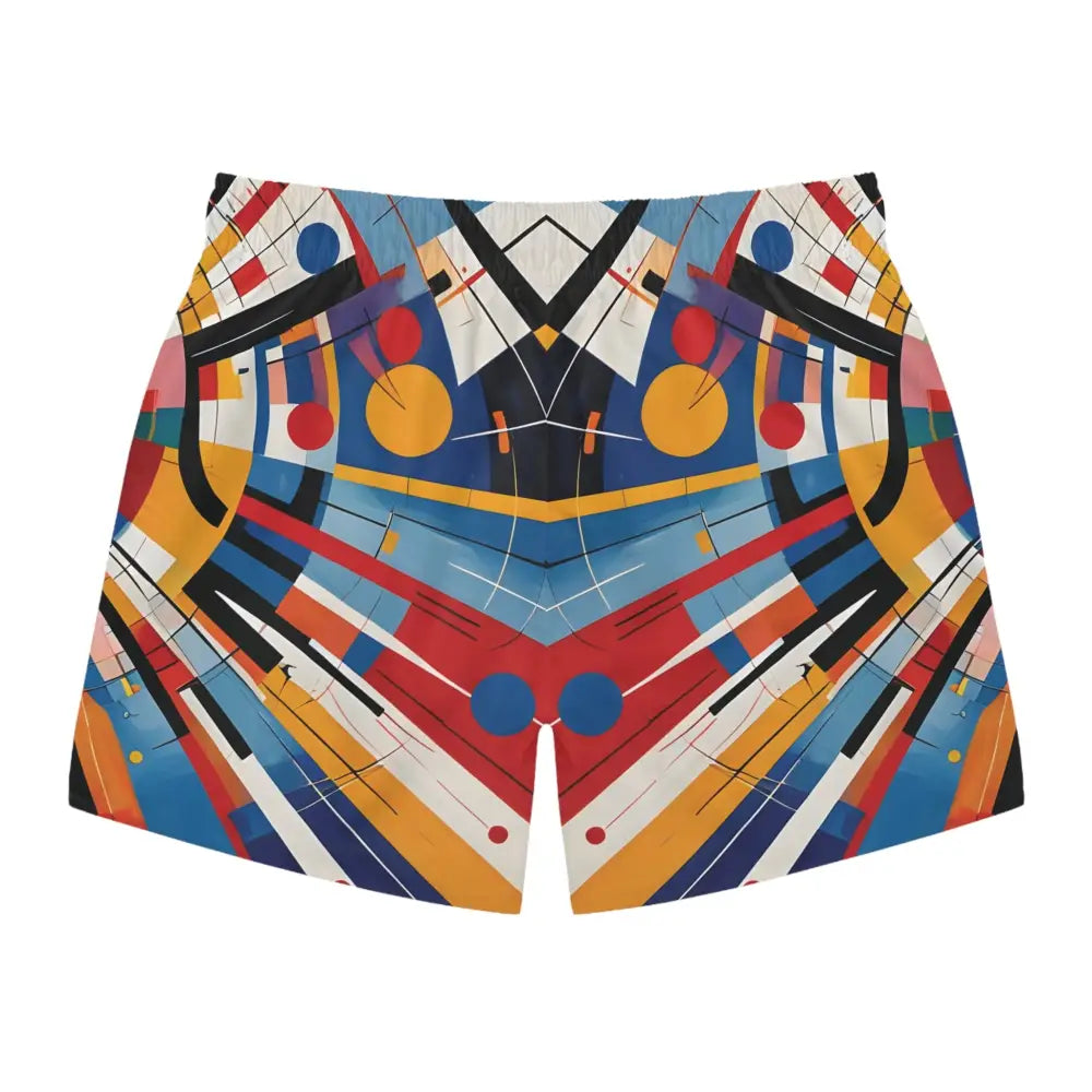 Abstract patterned men’s swim trunks from PixiOnyx Orbital Edition featuring celestial motion design