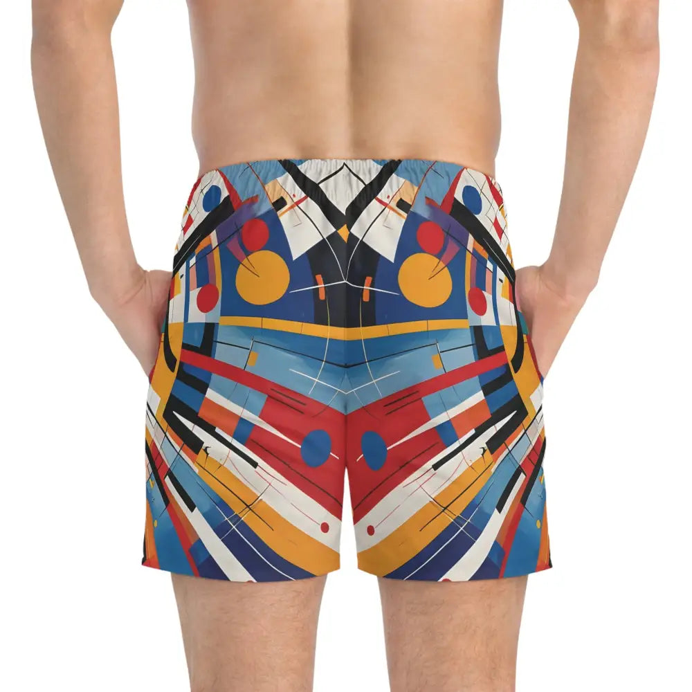 Abstract patterned men’s swim trunks from PixiOnyx Orbital Edition with celestial design