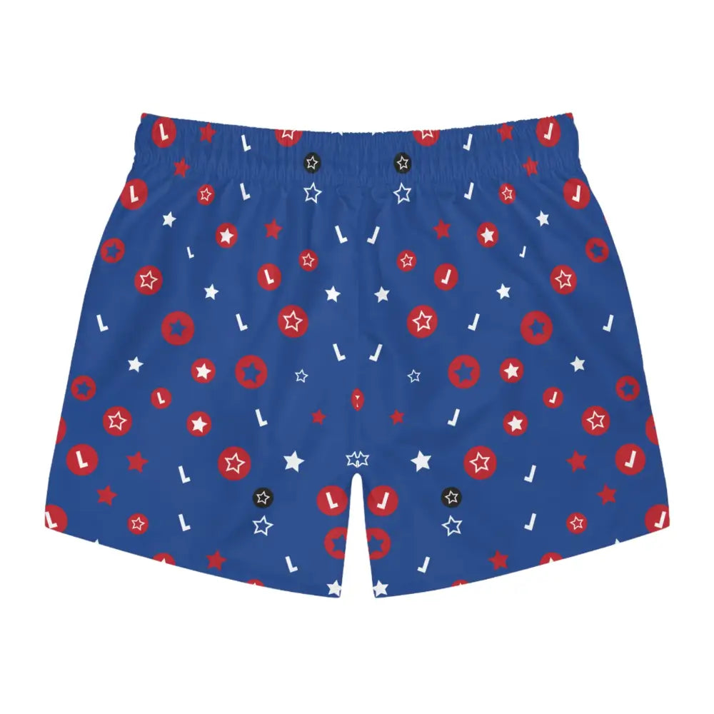 Blue patterned boxer shorts featured in PixiOnyx Festival Swimwear men’s swim trunks