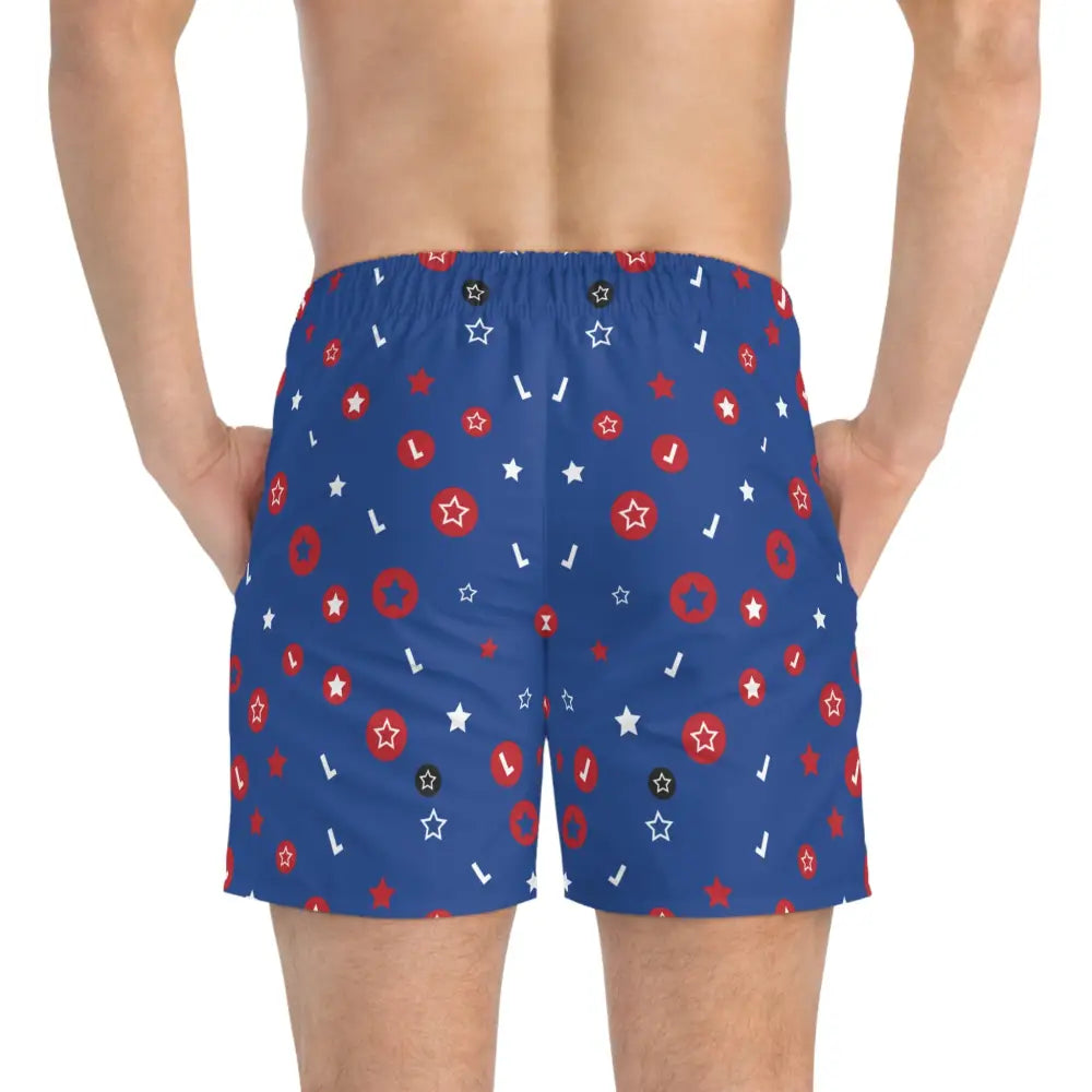 Blue patterned men’s swim trunks with cosmic confetti design from PixiOnyx Festival Swimwear