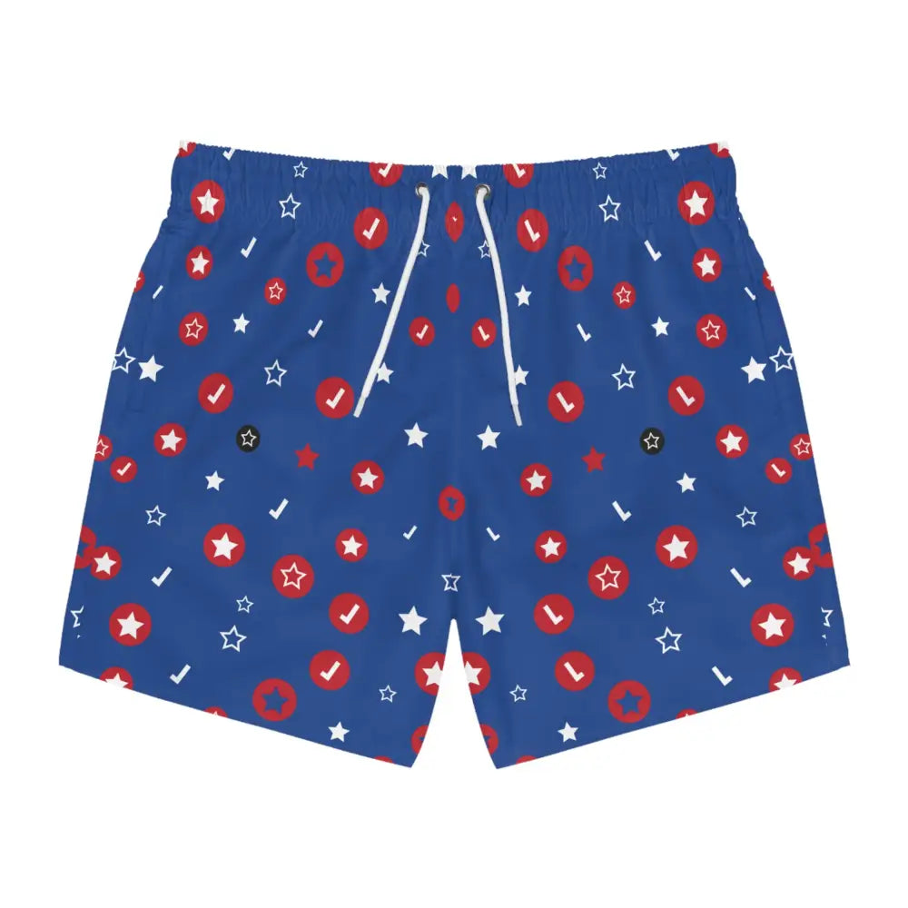 Blue men’s swim trunks with star and checkmark pattern from PixiOnyx Festival Swimwear