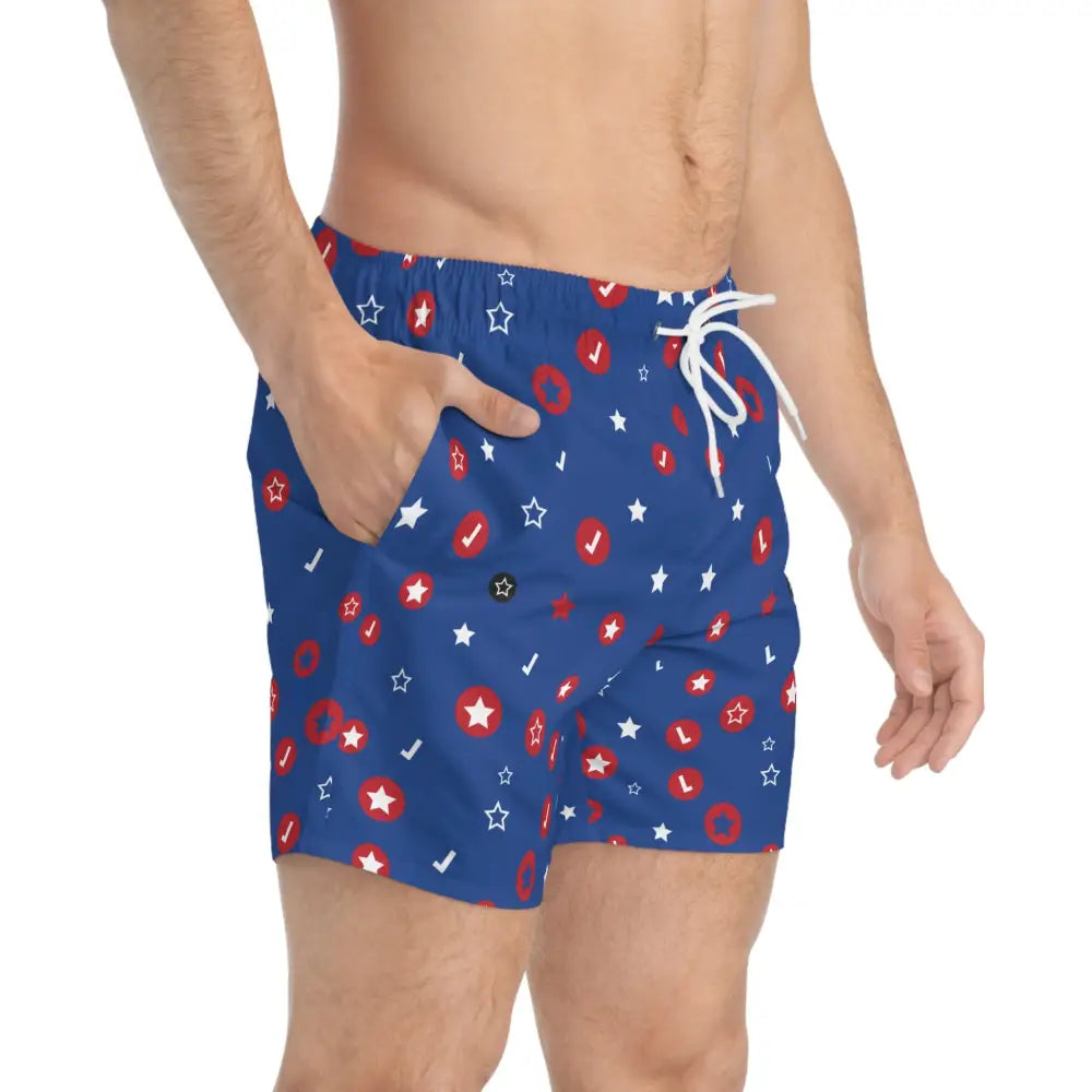 Blue patterned swim trunks with cosmic confetti design for men’s festival swimwear