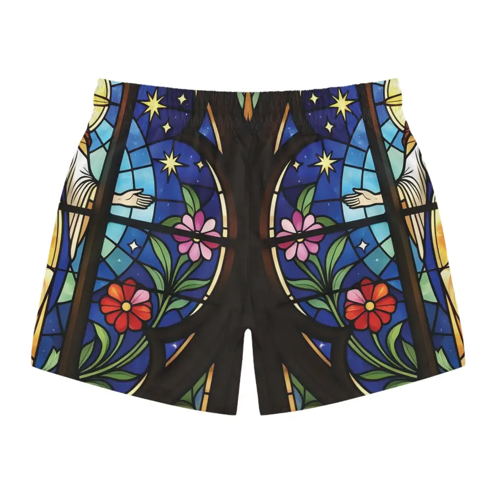 Stained-glass-patterned men’s swim trunks from PixiOnyx Poolside Reverie collection