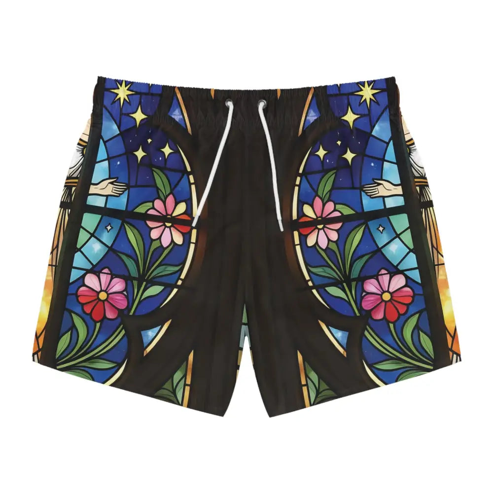 Stained-glass-patterned men’s swim trunks from PixiOnyx Divine Radiance collection