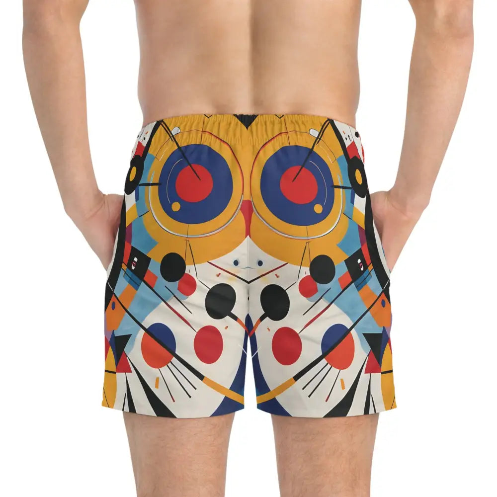Abstract patterned men’s swim trunks displayed in the PixiOnyx Dynamic Balance collection