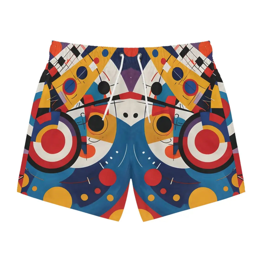 Colorful patterned men’s swim trunks from PixiOnyx Abstract Motionwear named Dynamic Balance