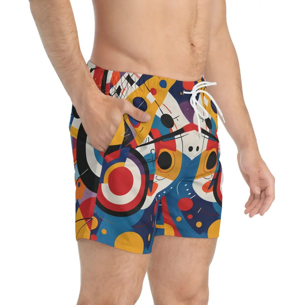 Colorful patterned swim trunks from PixiOnyx Dynamic Balance collection