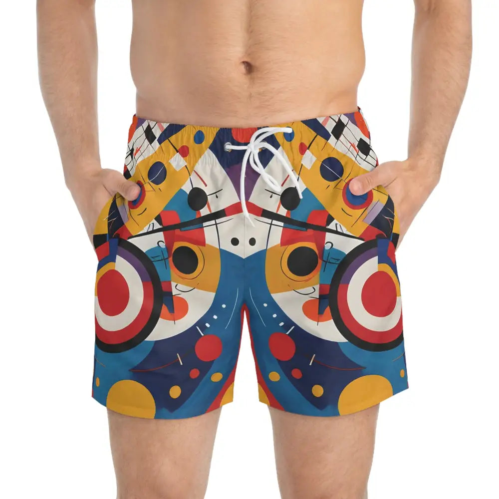 Men’s colorful patterned swim trunks from PixiOnyx Abstract Motionwear