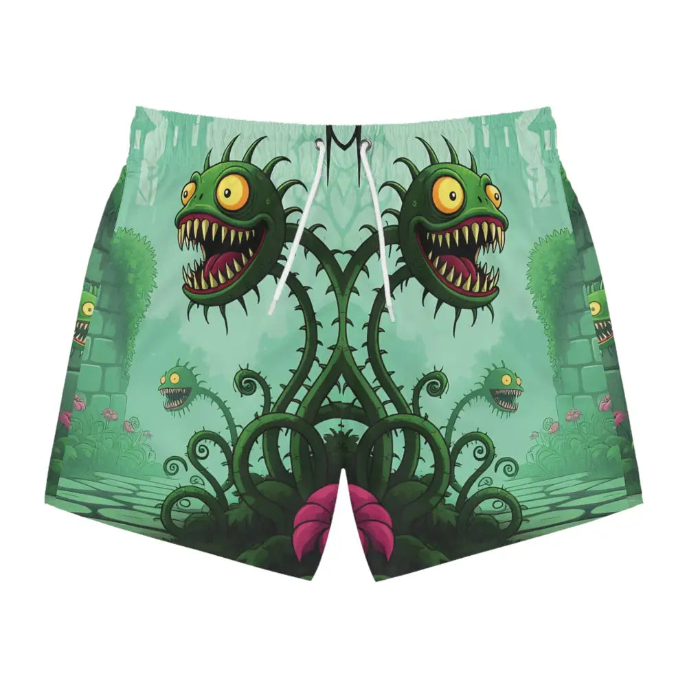 Cartoonish monster plant swim trunks from Grinvine Grove PixiOnyx Surreal Fantasy Naturewear