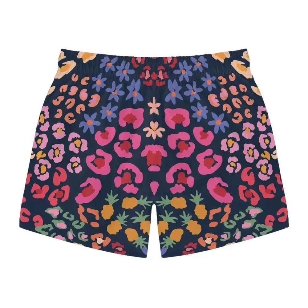 Patterned neon safari print men’s swim trunks displayed on PixiOnyx Apex Poolwear