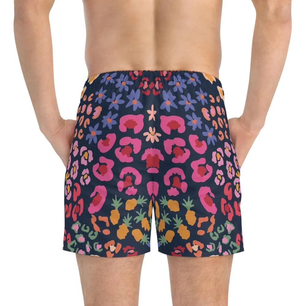 Colorful patterned swim trunks with neon safari print for men’s summer beachwear