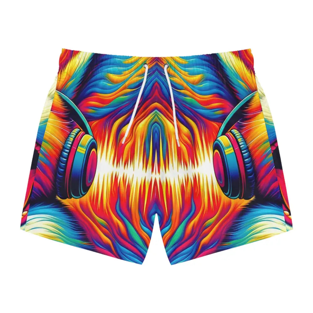 Colorful headphones-themed men’s swim trunks from PixiOnyx Chaoswear Beach Edition
