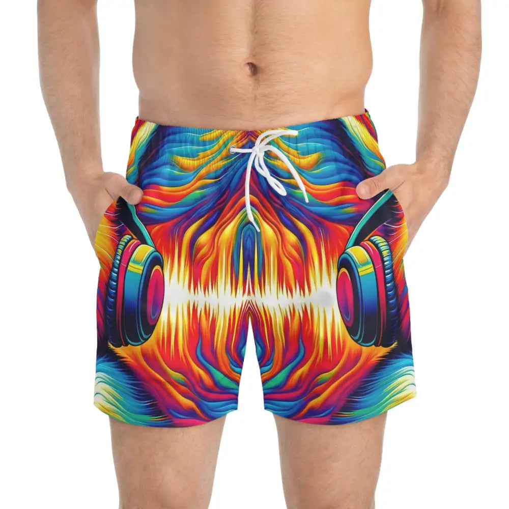 Colorful swim trunks with headphone design from PixiOnyx Chaoswear Beach Edition