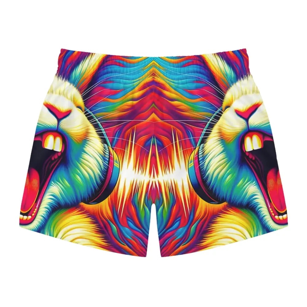 Colorful lion-print men’s swim trunks from PixiOnyx Chaoswear Beach Edition