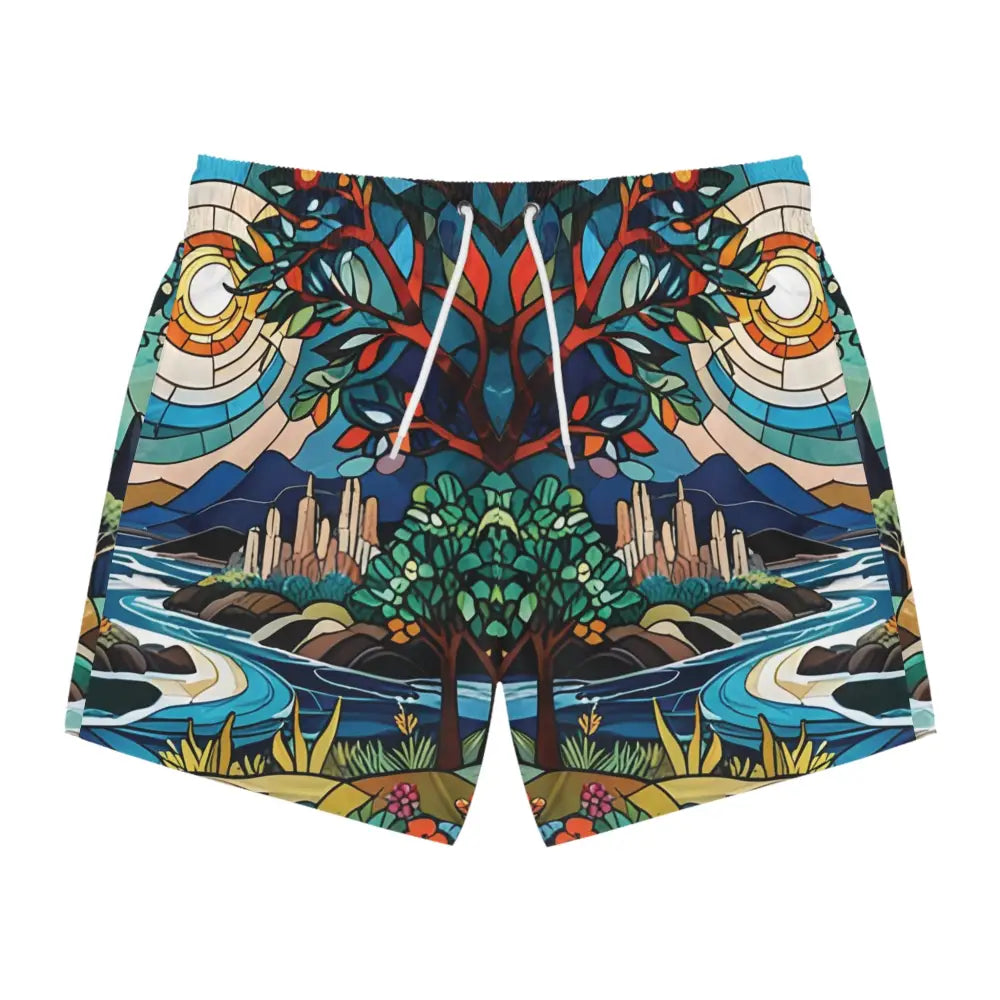 Artistic landscape swim trunks with psychedelic abstract nature design for men
