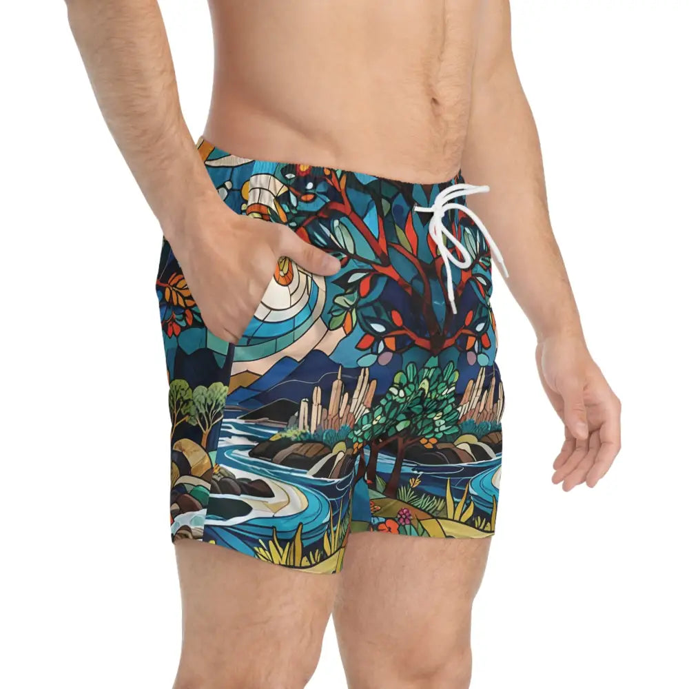 Men’s swim trunks with a vibrant nature-themed stained glass design by PixiOnyx Psychedelic