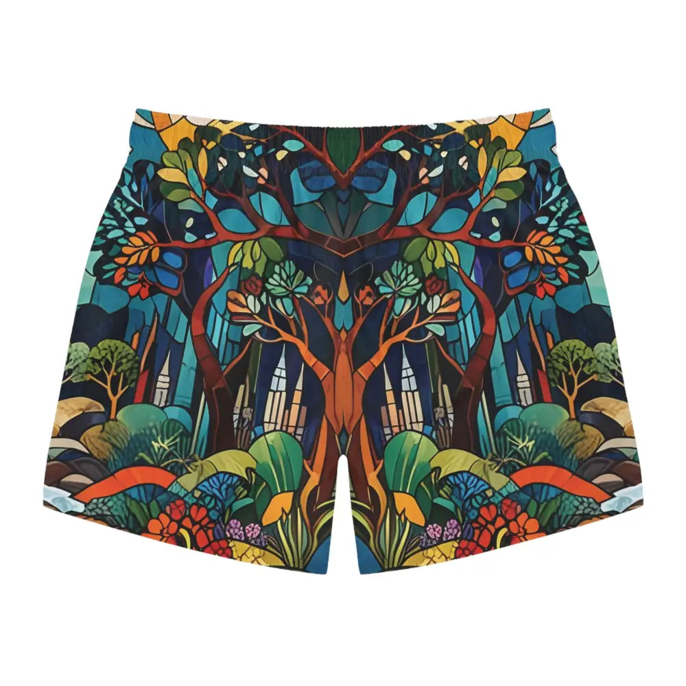 Colorful tree-patterned men’s swim trunks from PixiOnyx Psychedelic Abstract Nature collection