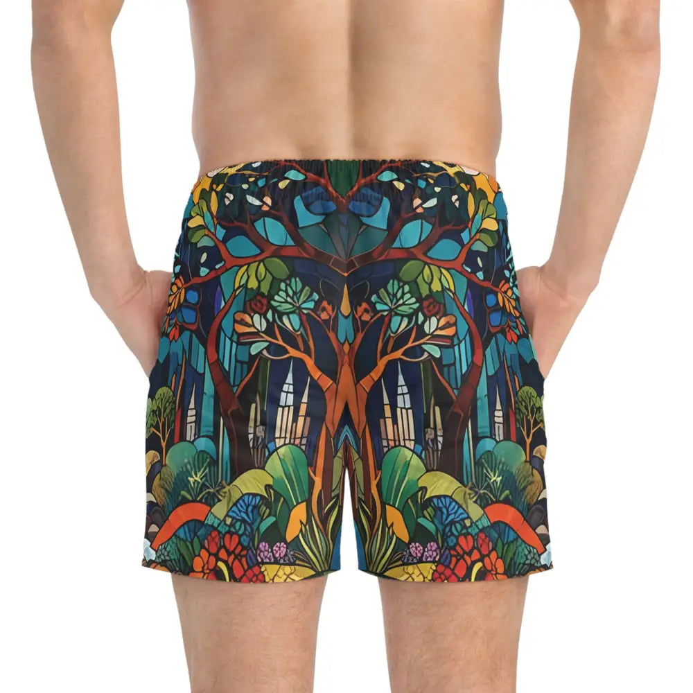 Patterned men’s swim trunks featuring psychedelic abstract nature design by PixiOnyx