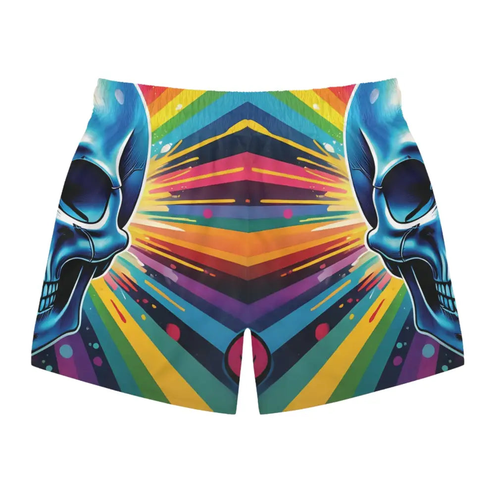 Skull-themed rainbow swim shorts for men from PixiOnyx Festivalwear