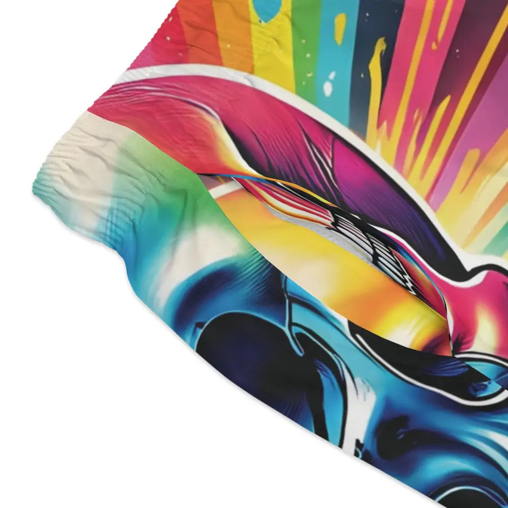 Colorful abstract fabric pattern on Men’s Swim Trunks Vibrant Skull Spectrum PixiOnyx Festivalwear